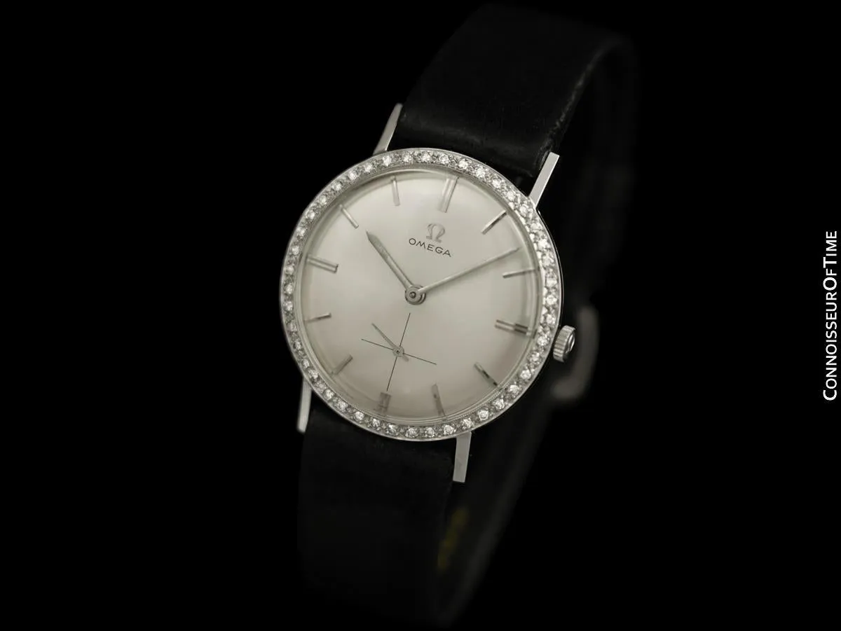 1959 Omega Vintage Mens 18K White Gold & Diamond Dress Watch - New-Old-Stock