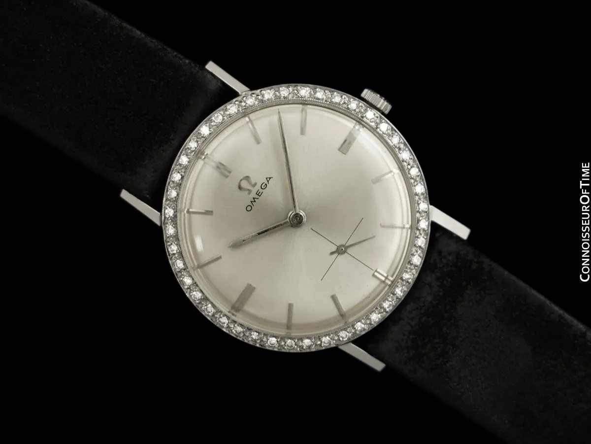 1959 Omega Vintage Mens 18K White Gold & Diamond Dress Watch - New-Old-Stock