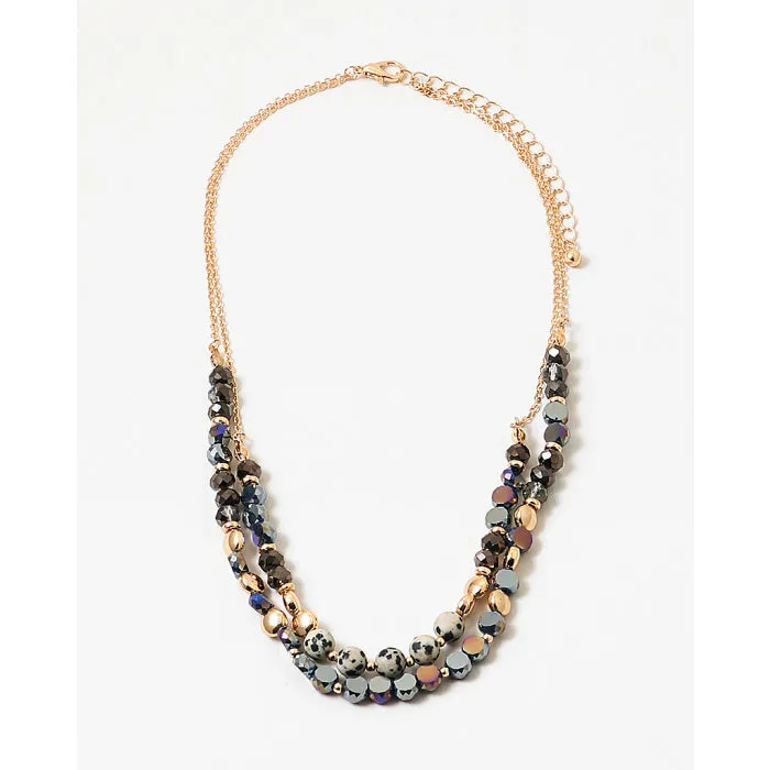 2-Layer Semi-Precious Stone Beaded Disc Necklace Dalmatian & Dark Navy