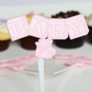 24 Pink BABY Blocks and Booties Picks Cake Pick 2 dozen