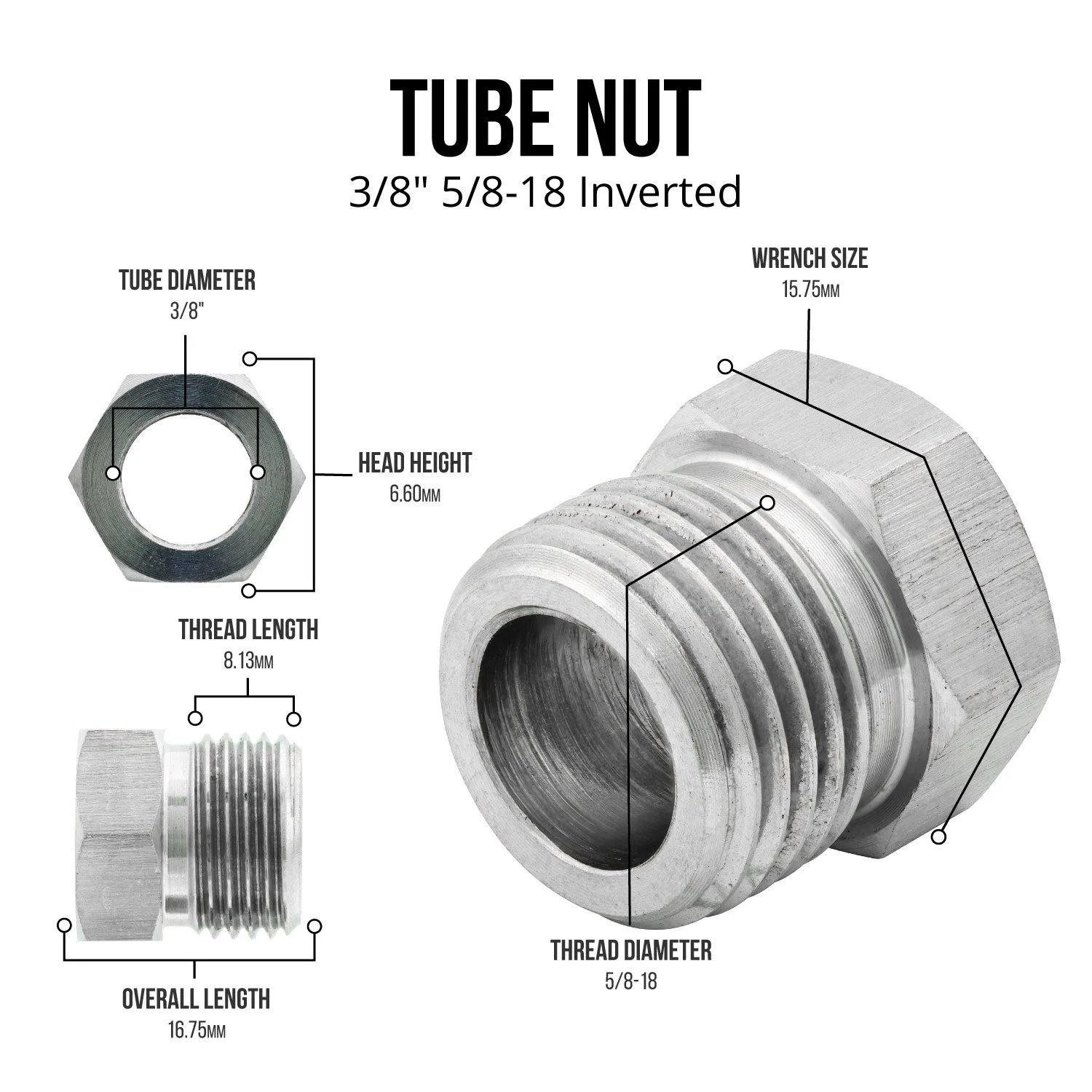 3/8" (5/8-18 Inverted) Stainless Steel Brake Line Tube Nut | 10ct