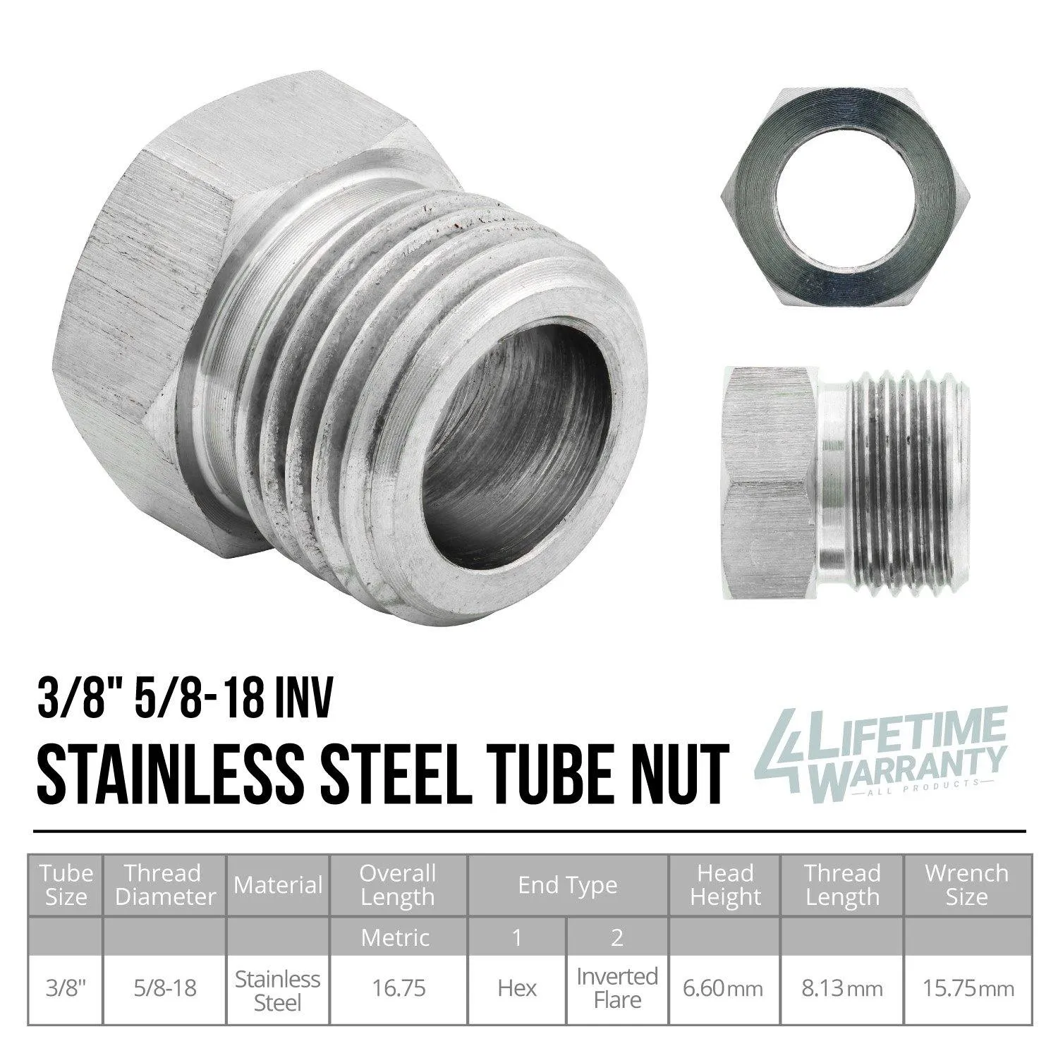 3/8" (5/8-18 Inverted) Stainless Steel Brake Line Tube Nut | 10ct