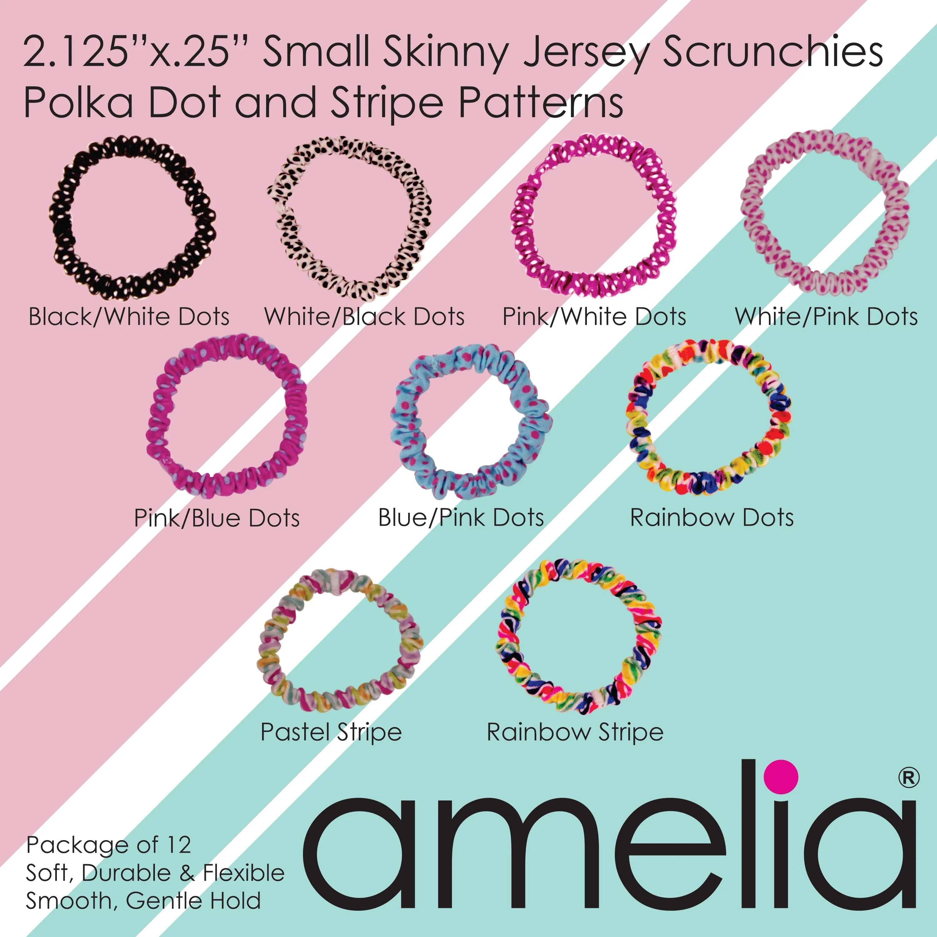 Amelia Beauty, Rainbow Stripe Skinny Jersey Scrunchies, 2.125in Diameter, Gentle on Hair, Strong Hold, No Snag, No Dents or Creases. 12 Pack