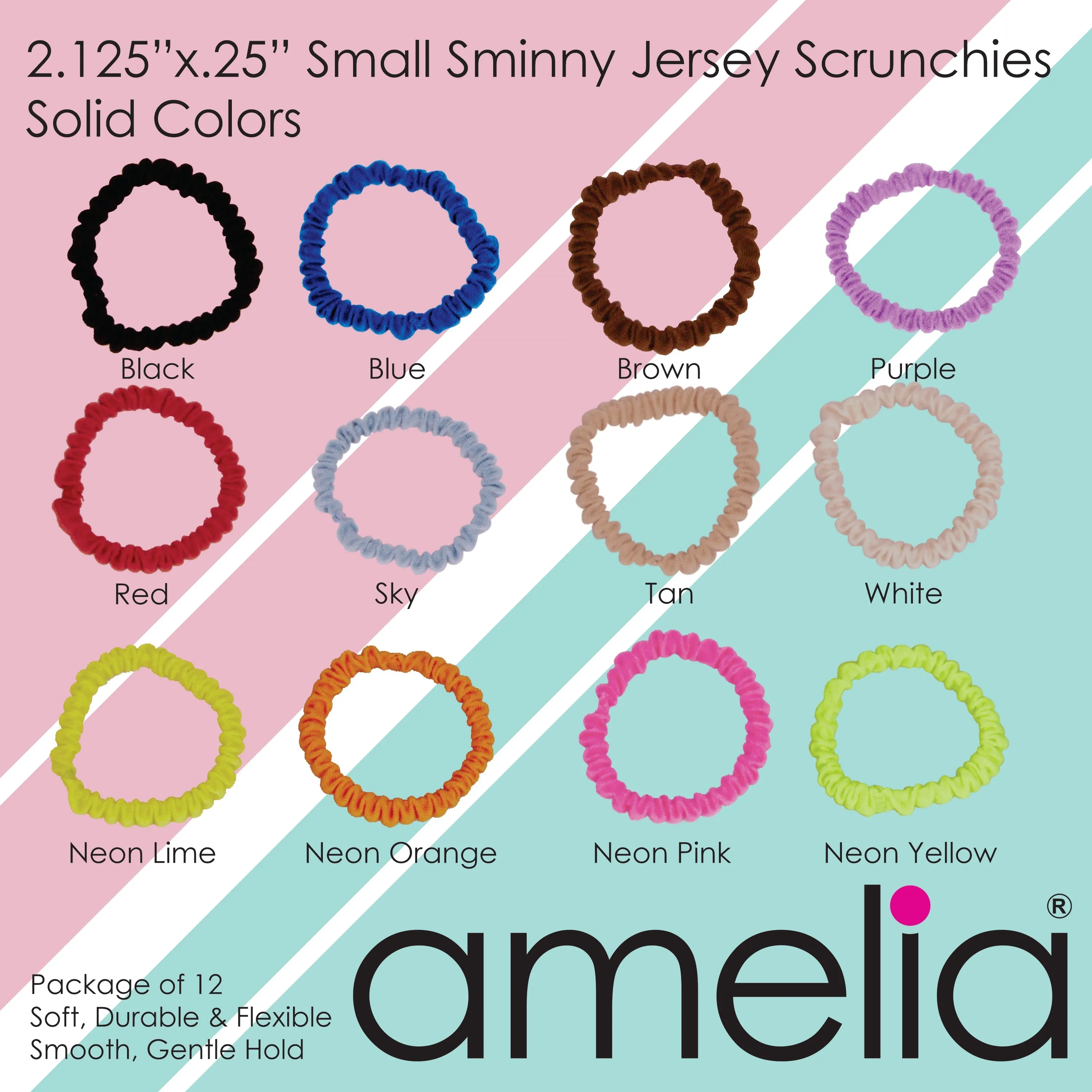 Amelia Beauty, Rainbow Stripe Skinny Jersey Scrunchies, 2.125in Diameter, Gentle on Hair, Strong Hold, No Snag, No Dents or Creases. 12 Pack