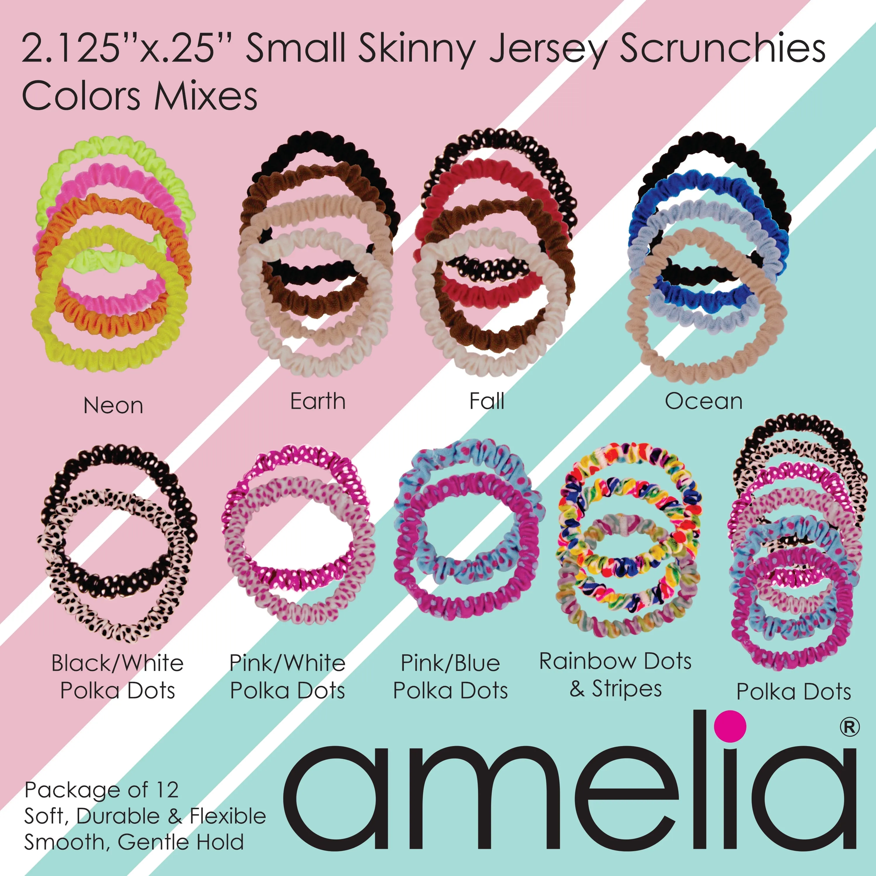 Amelia Beauty, Rainbow Stripe Skinny Jersey Scrunchies, 2.125in Diameter, Gentle on Hair, Strong Hold, No Snag, No Dents or Creases. 12 Pack