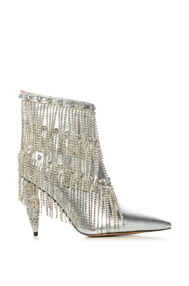 AZALEA WANG JAMILA DRIPPING DIAMONDS SILVER FRINGE BOOTIE