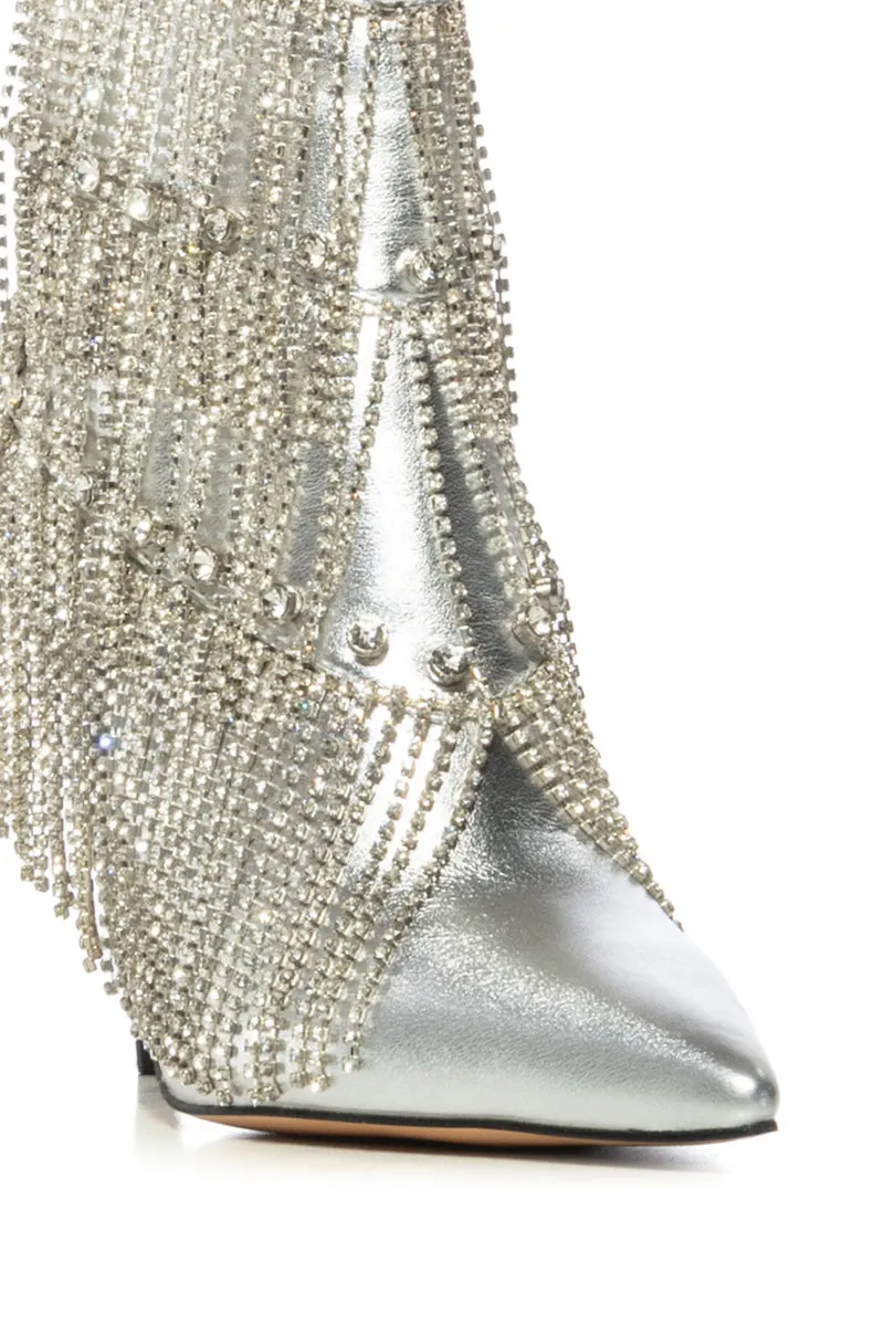 AZALEA WANG JAMILA DRIPPING DIAMONDS SILVER FRINGE BOOTIE