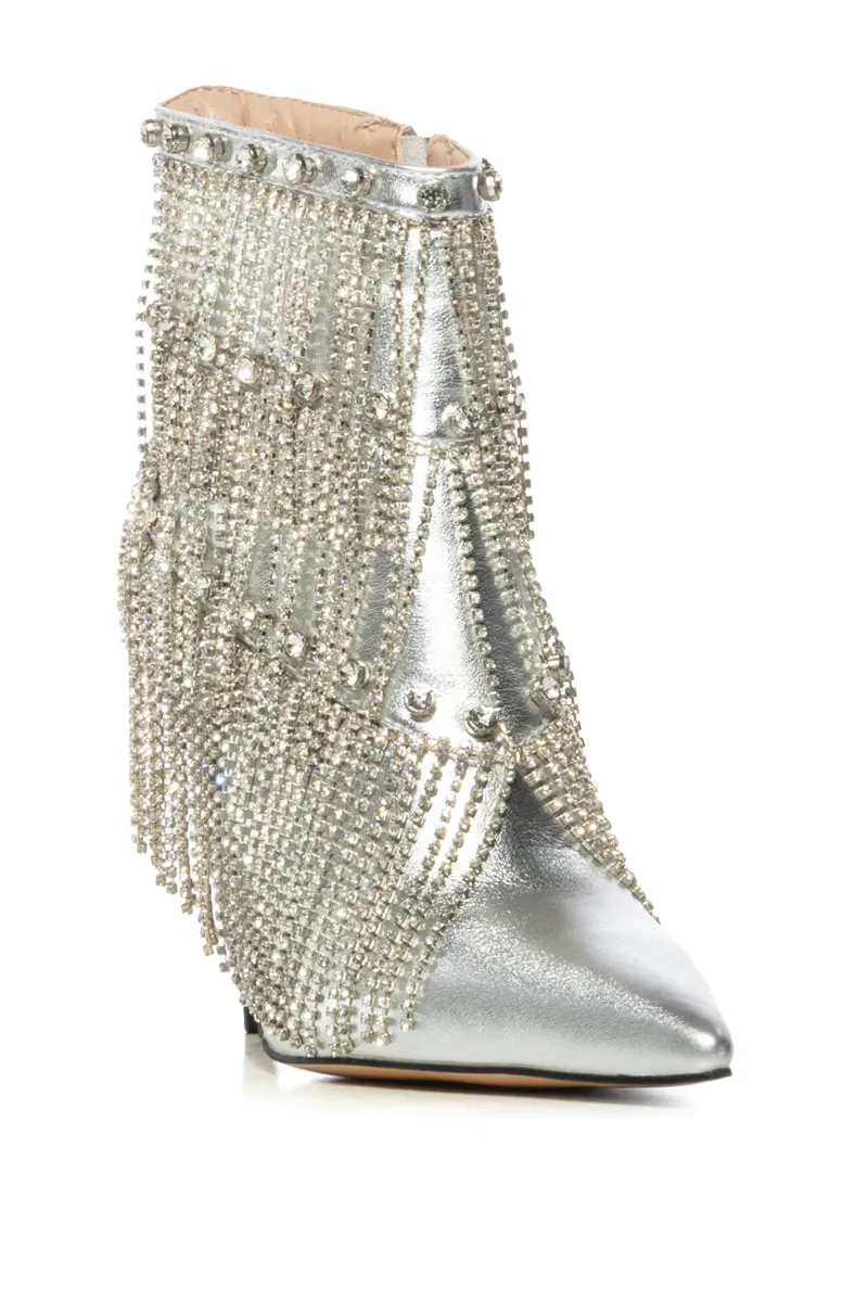 AZALEA WANG JAMILA DRIPPING DIAMONDS SILVER FRINGE BOOTIE
