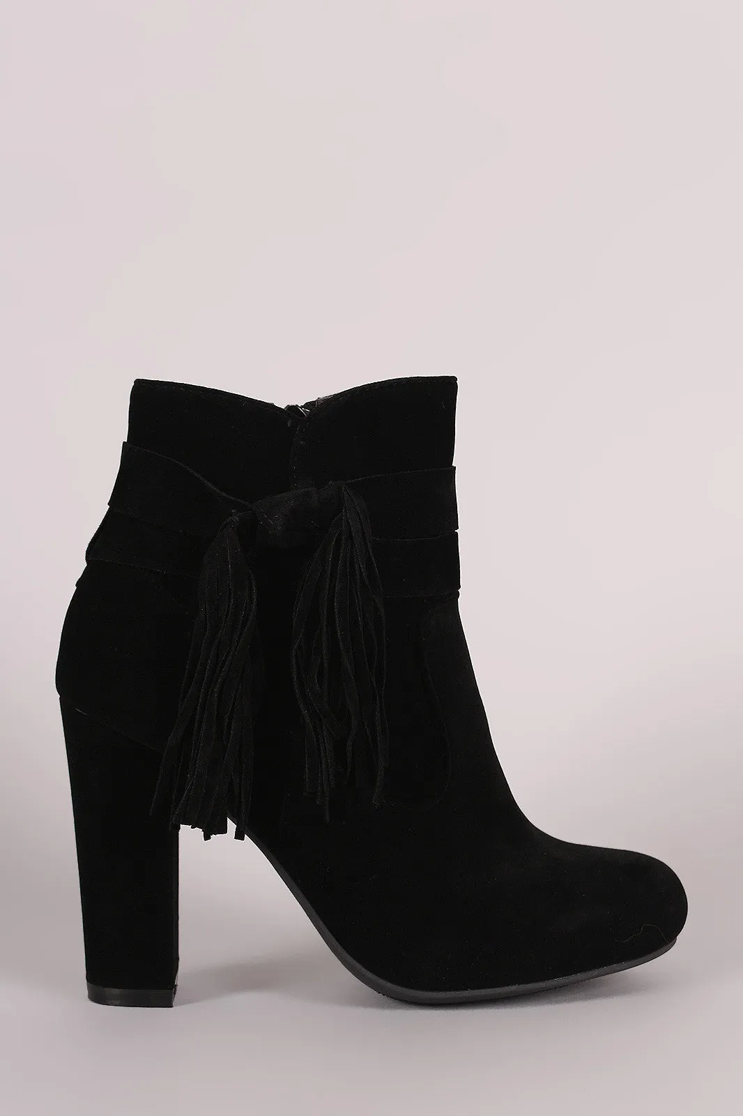 Bamboo Suede Knotted Side Fringe Chunky Heeled Booties