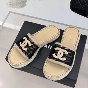 CC Mesh Hollow Chain Double C Thick-Soled Slippers 20mm Beige Black 265646