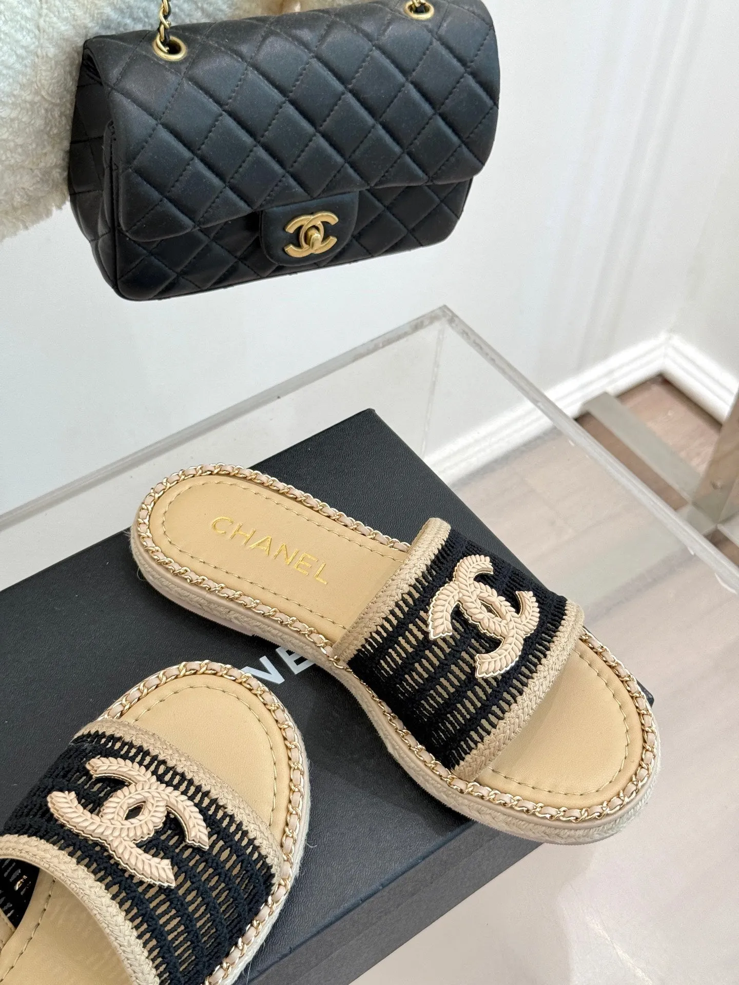 CC Mesh Hollow Chain Double C Thick-Soled Slippers 20mm Beige Black 265646