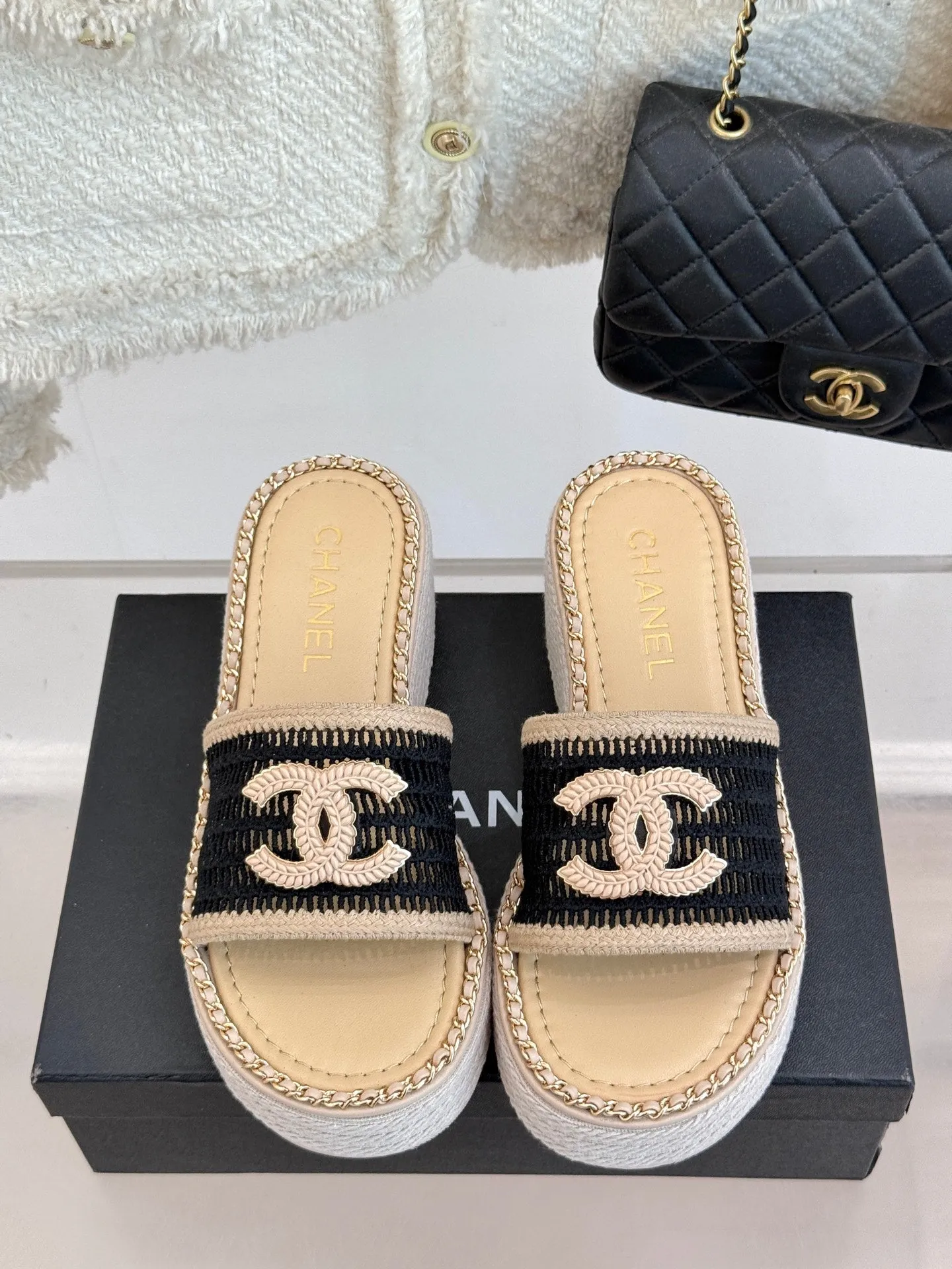 CC Mesh Hollow Chain Double C Thick-Soled Slippers 70mm Beige Black 265650