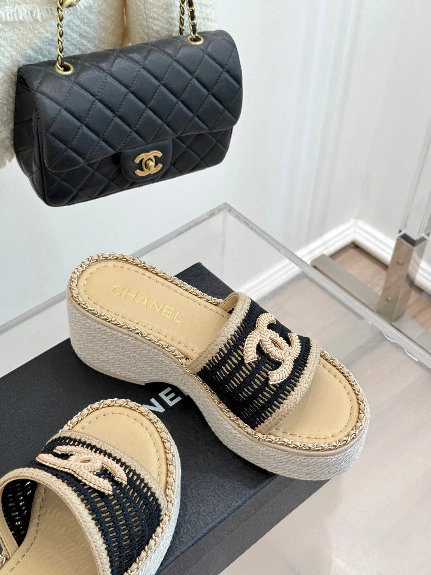 CC Mesh Hollow Chain Double C Thick-Soled Slippers 70mm Beige Black 265650