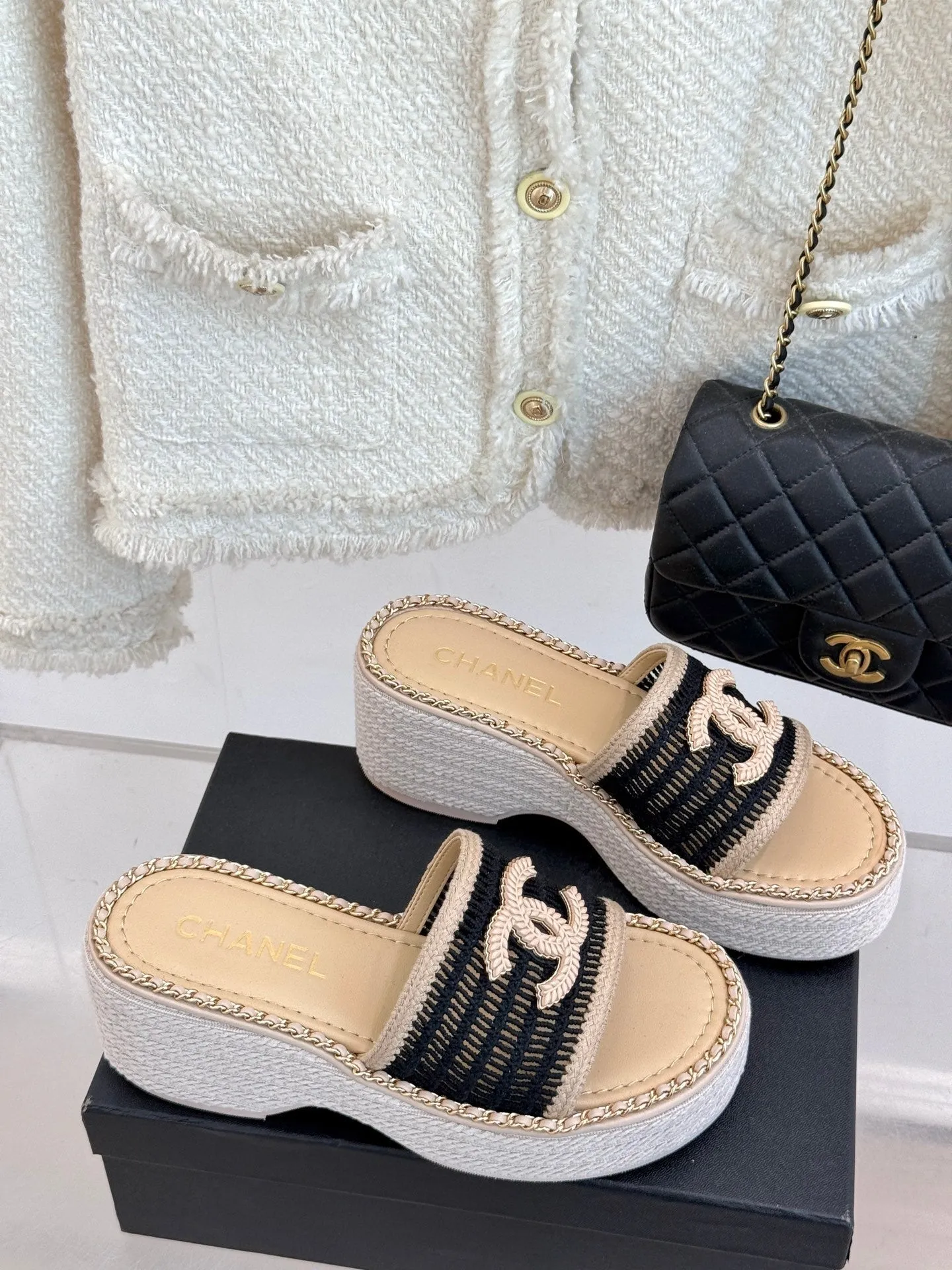 CC Mesh Hollow Chain Double C Thick-Soled Slippers 70mm Beige Black 265650