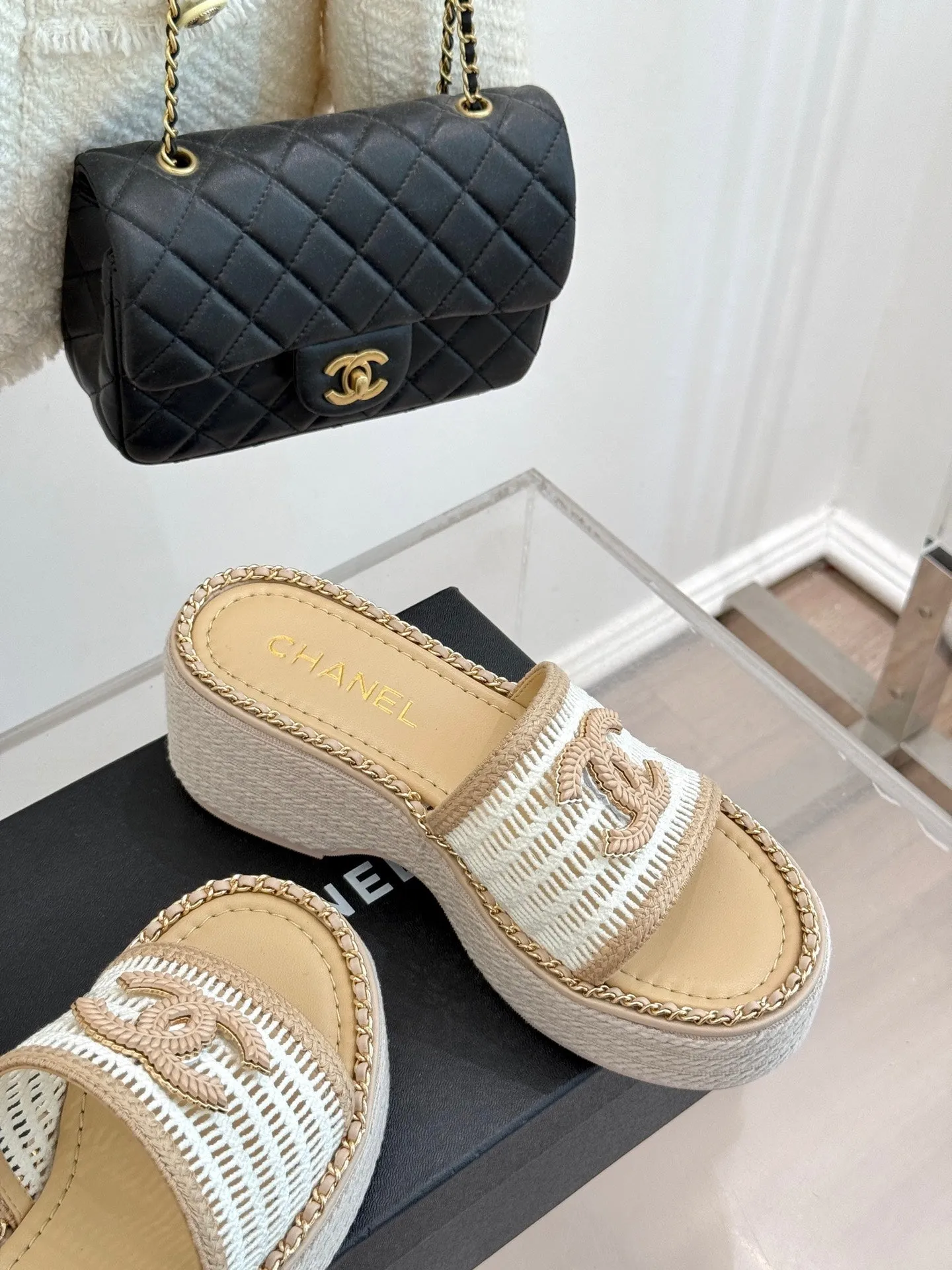 CC Mesh Hollow Chain Double C Thick-Soled Slippers 70mm Beige White 265648