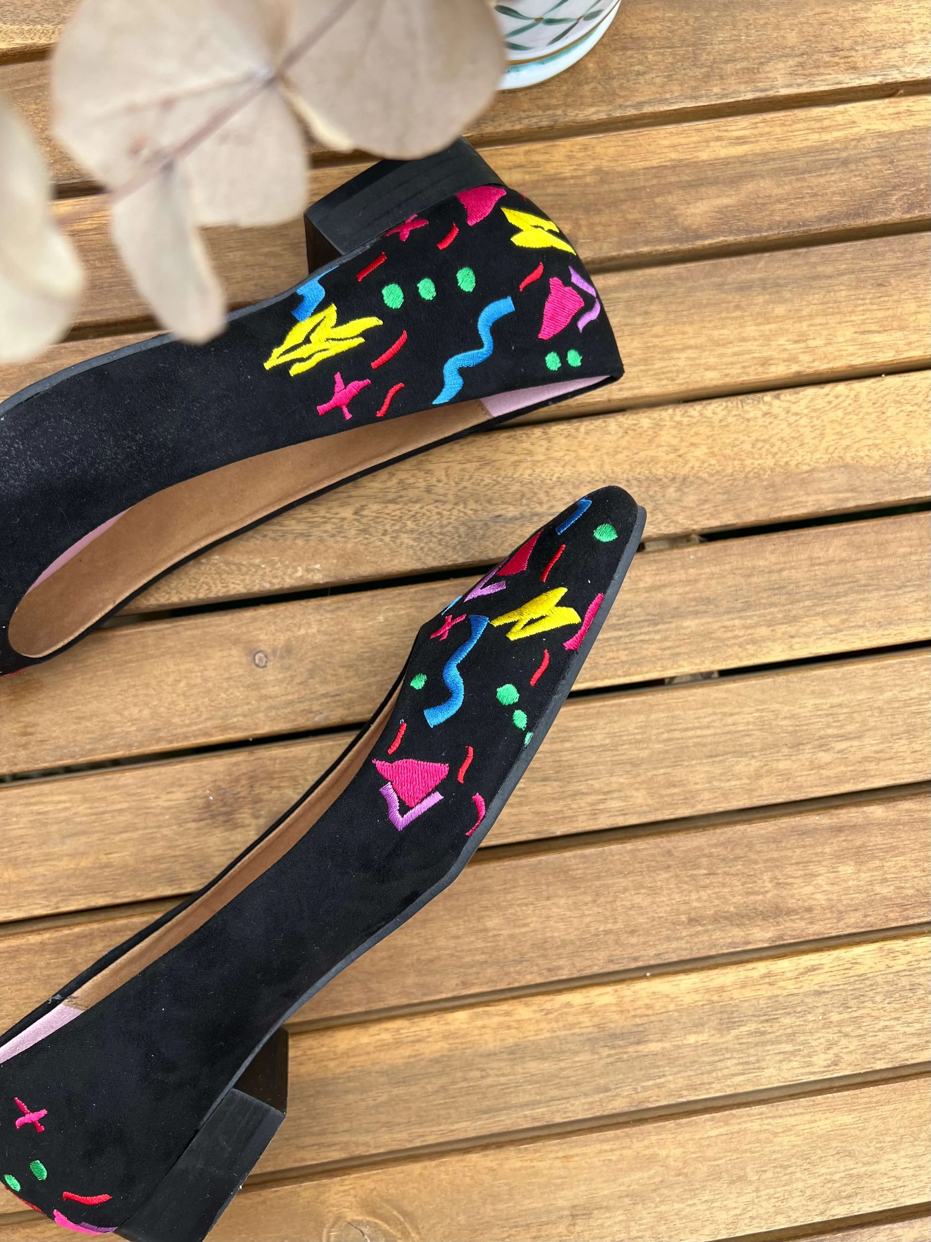 Confetti Vegan Embroidered Eco Suede Ballerinas | Black & Multi