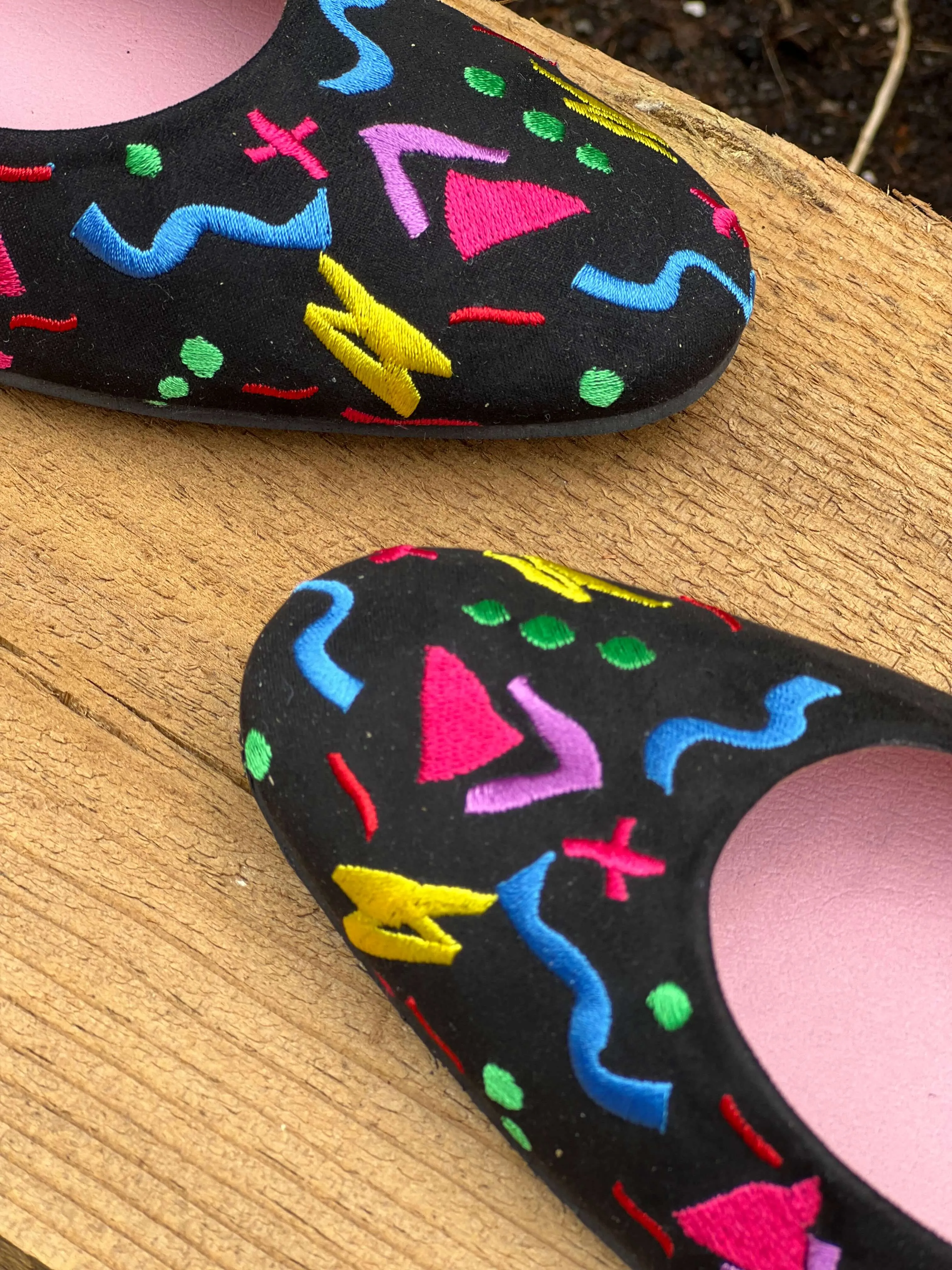 Confetti Vegan Embroidered Eco Suede Ballerinas | Black & Multi