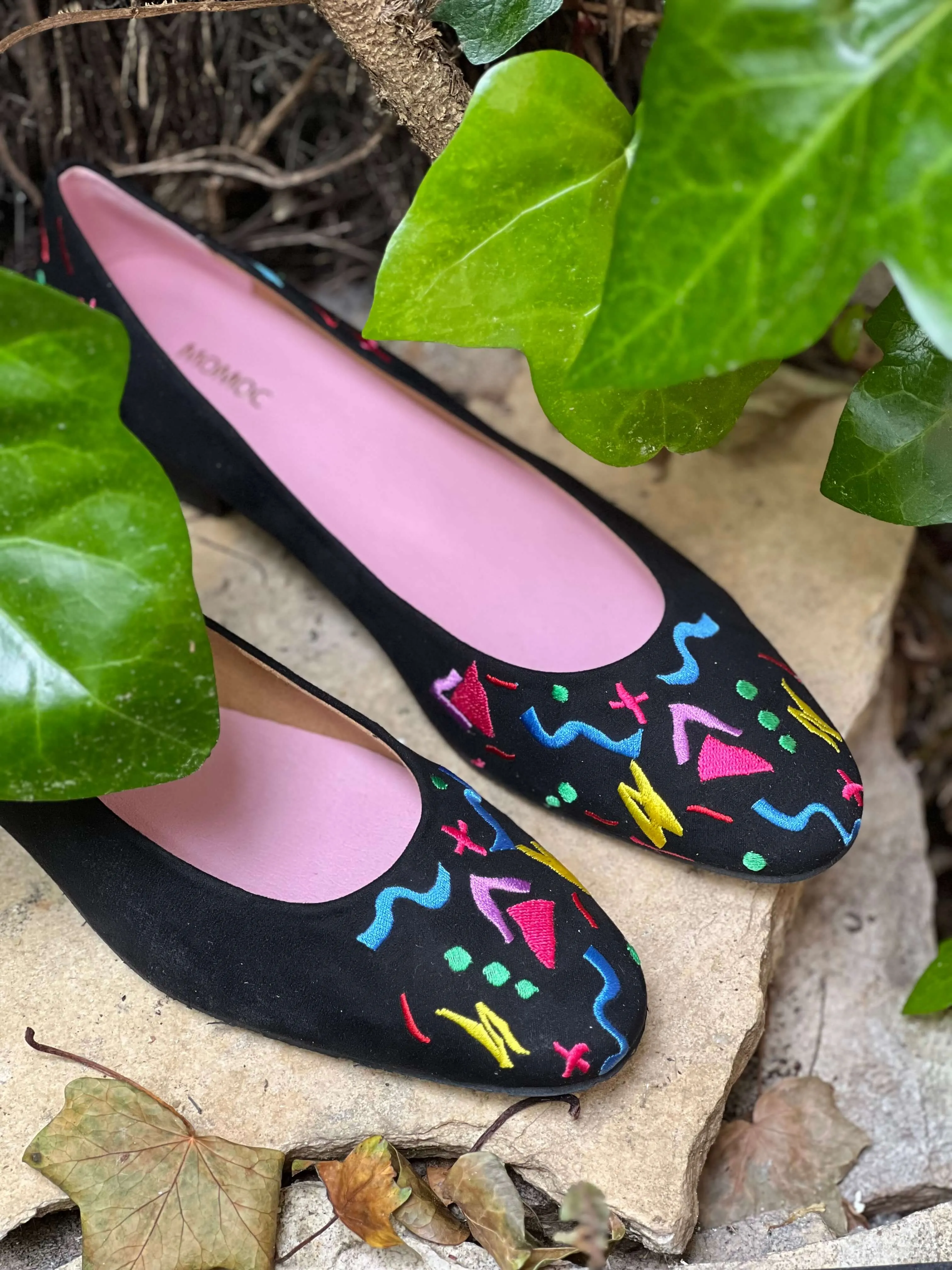 Confetti Vegan Embroidered Eco Suede Ballerinas | Black & Multi