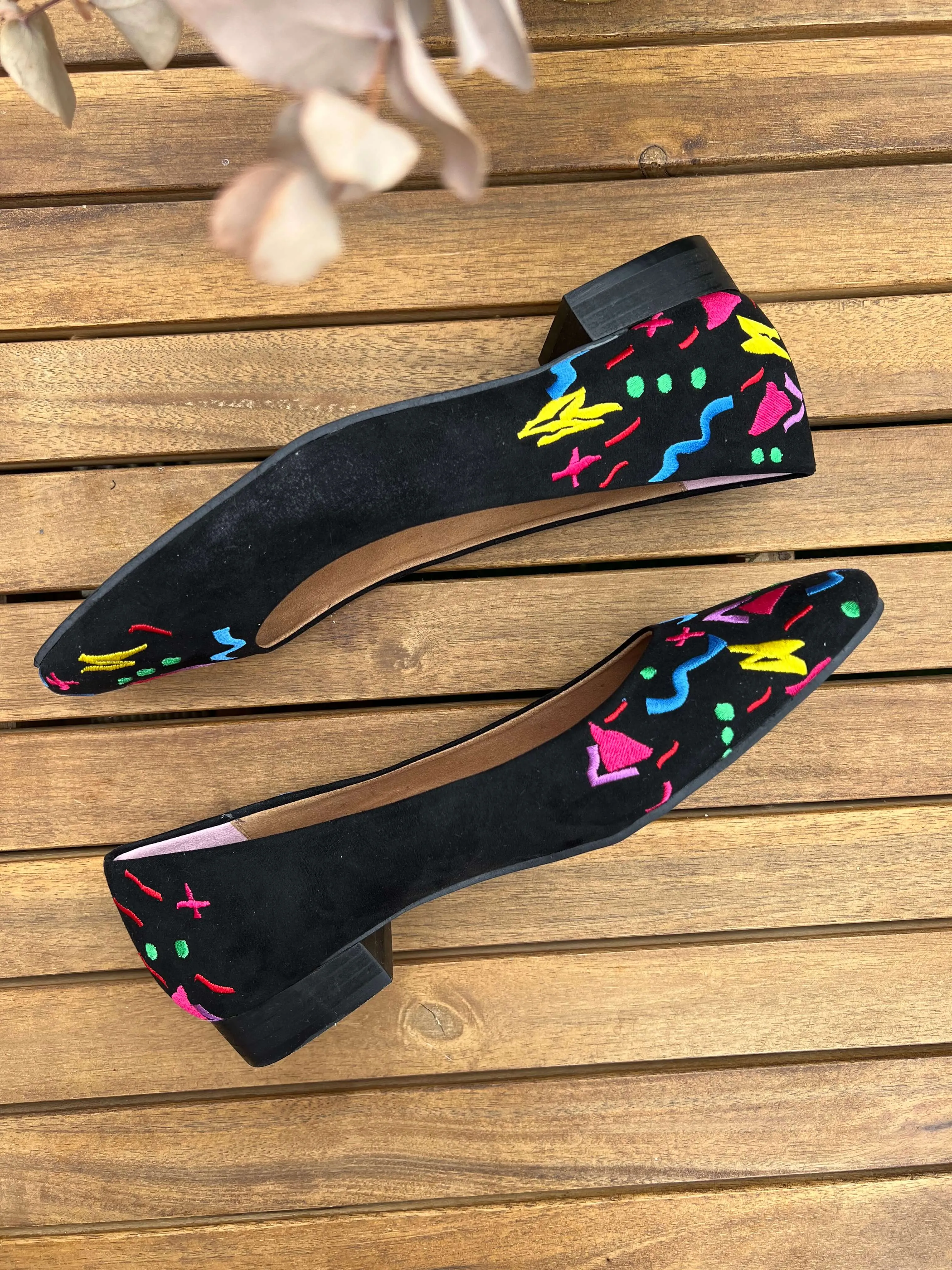 Confetti Vegan Embroidered Eco Suede Ballerinas | Black & Multi