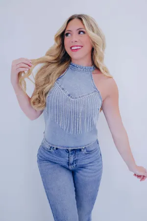 Darcy Denim Rhinestone Fringe Crop Top