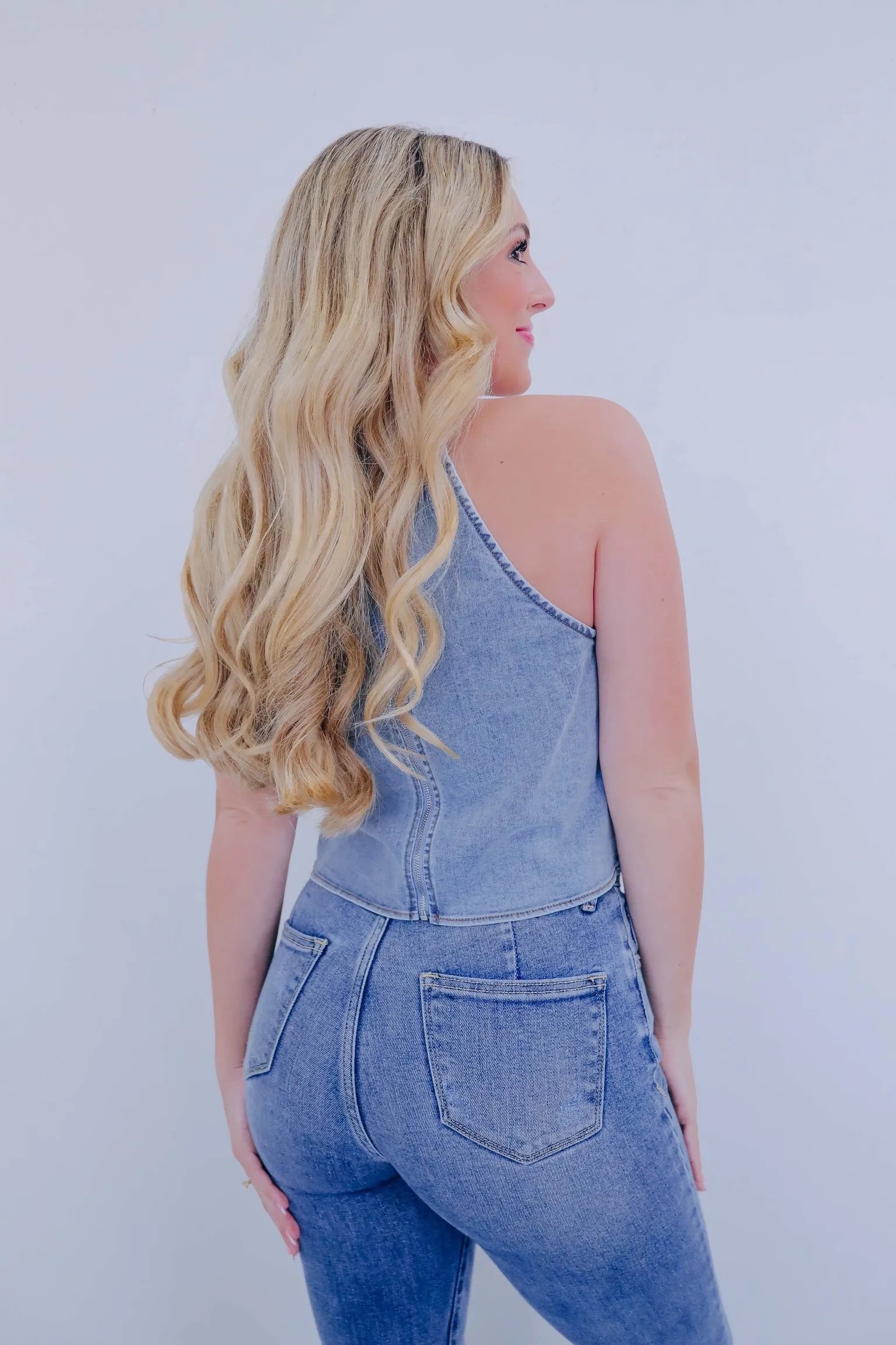 Darcy Denim Rhinestone Fringe Crop Top