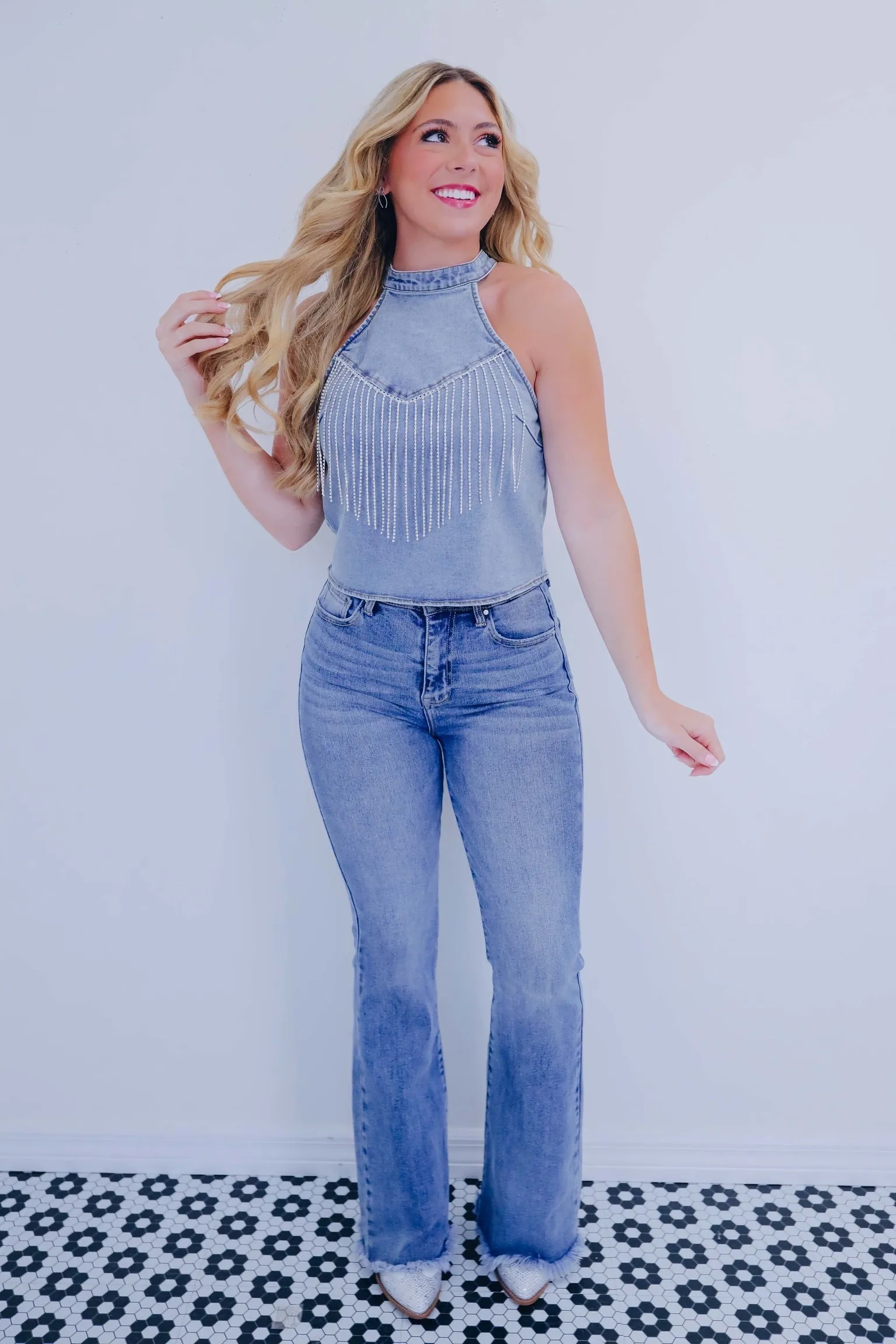 Darcy Denim Rhinestone Fringe Crop Top