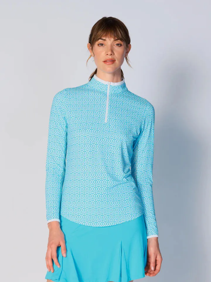 G Lifestyle Long Sleeve Zip Mock Neck -Cubic Caribbean Turq