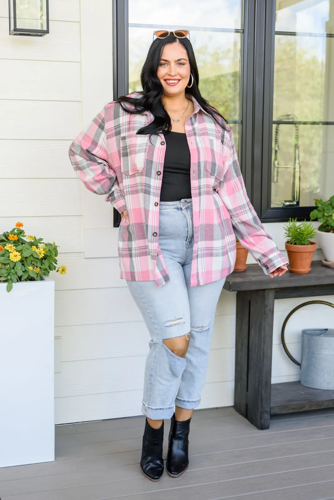 Go For It Oversize Plaid Flannel Shacket In Pink