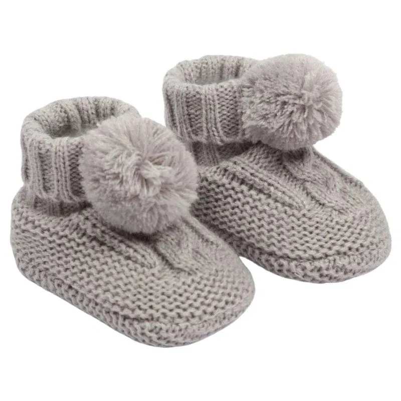 Grey Cable Knit Baby Booties With Pompoms