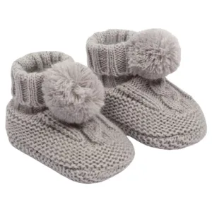 Grey Cable Knit Baby Booties With Pompoms