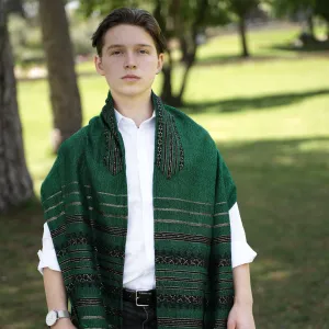 Hagar - Wool Tallit - Black and Gold Design on Green