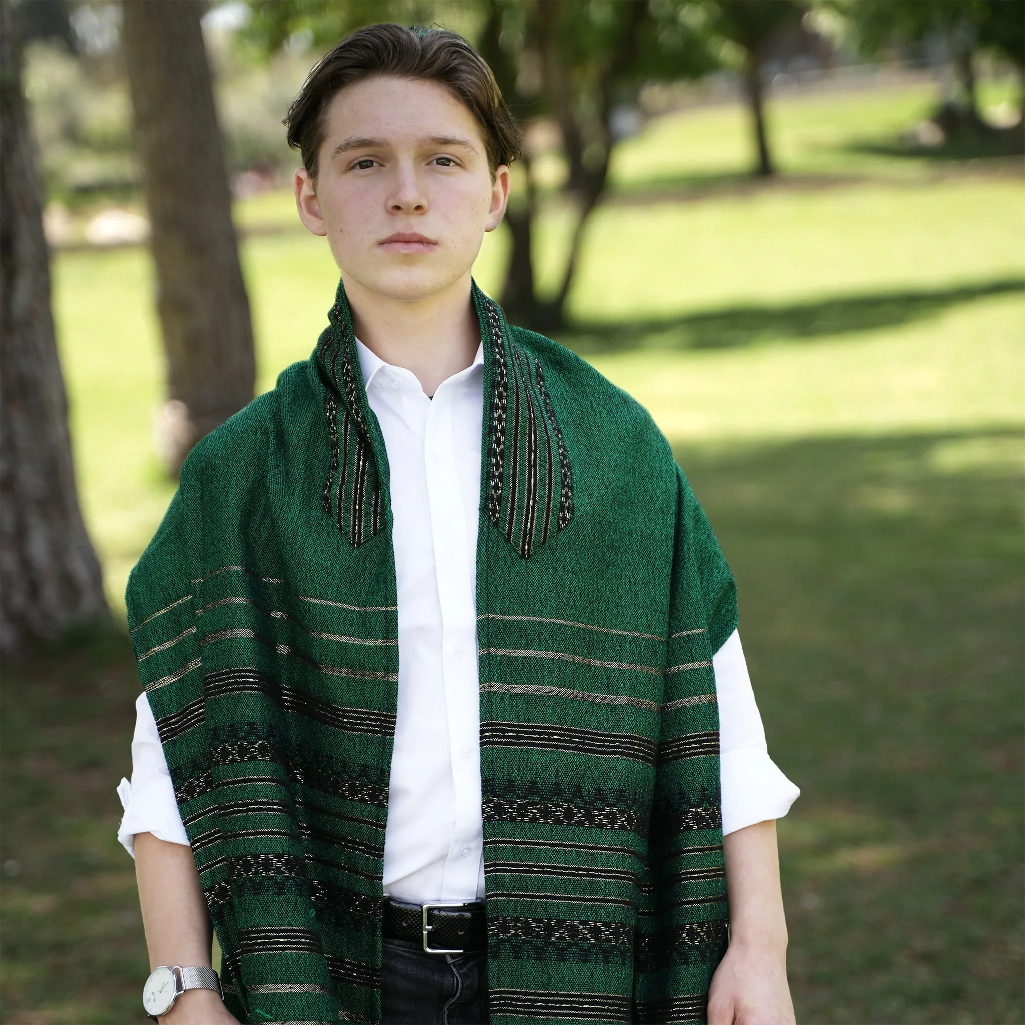 Hagar - Wool Tallit - Black and Gold Design on Green