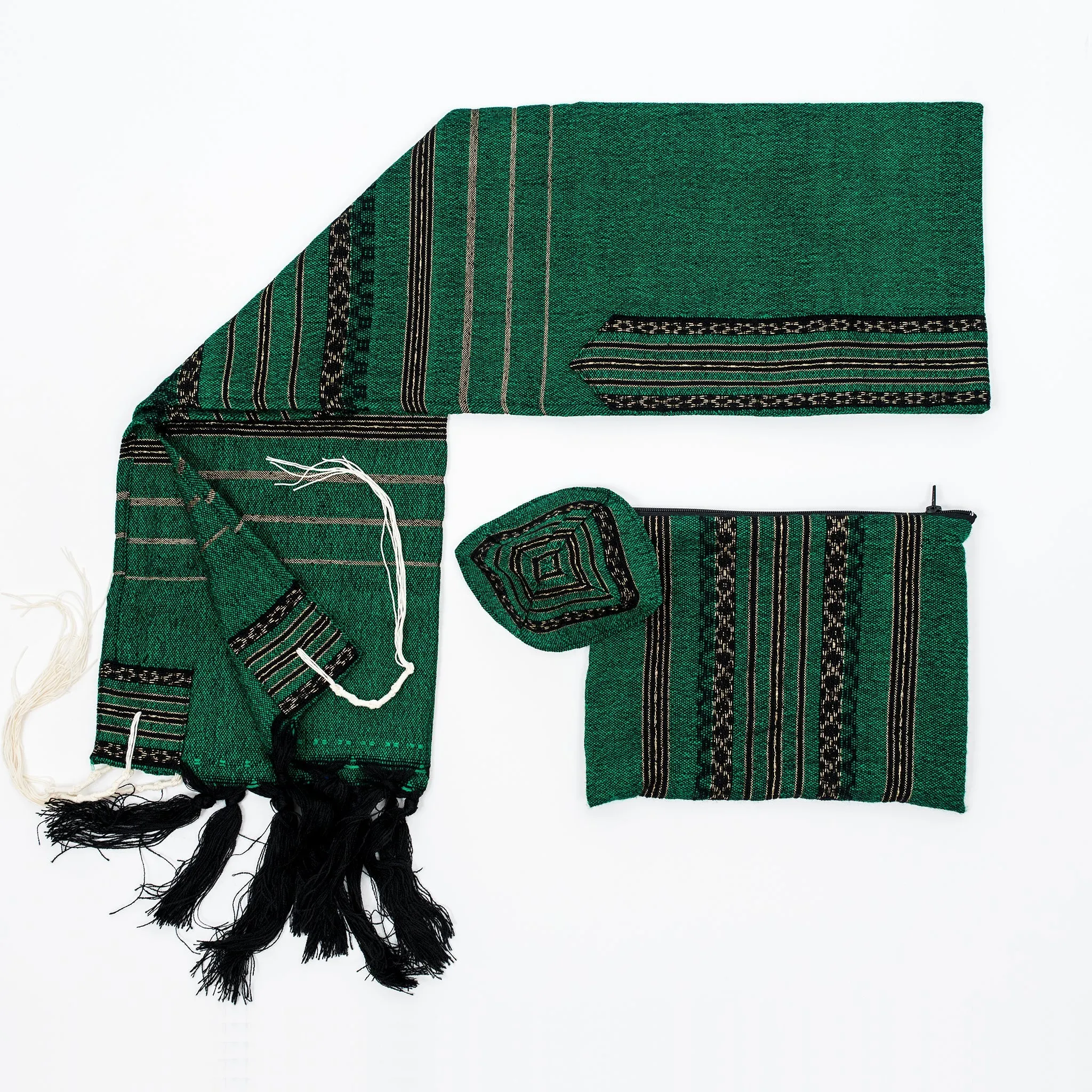 Hagar - Wool Tallit - Black and Gold Design on Green