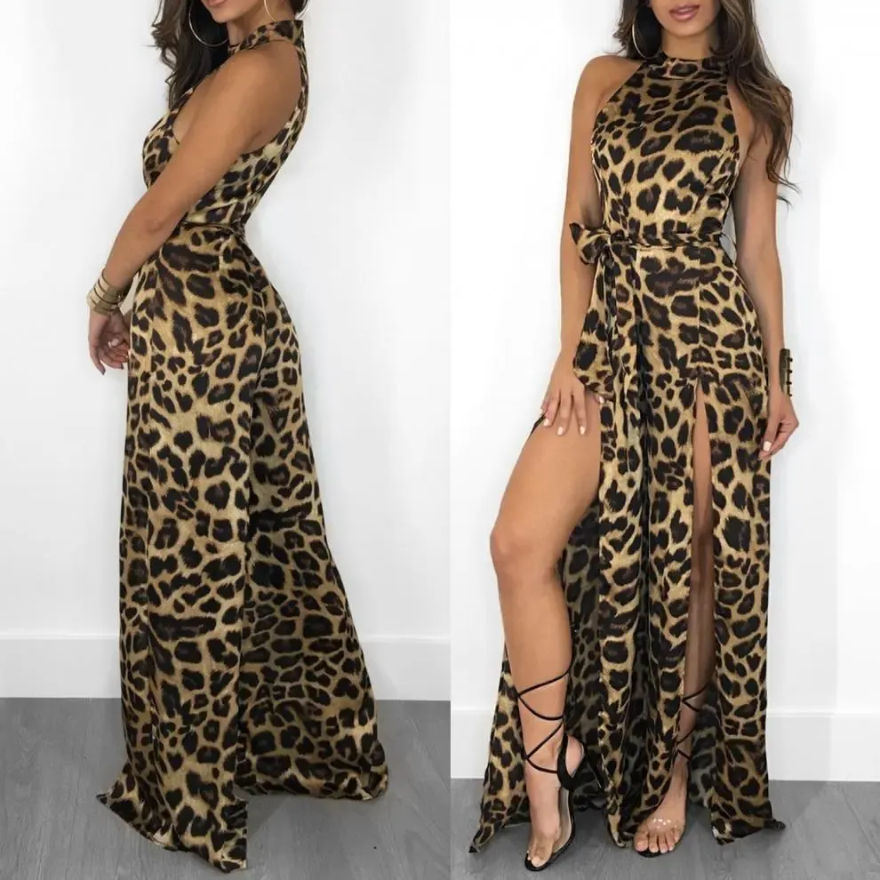 Kennedy Sleeveless Leopard Print High Neck Split Leg Jumpsuit