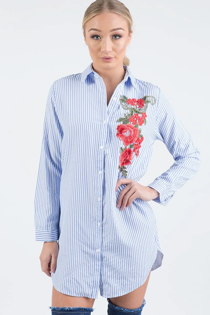 Light Blue Striped Embroidered Oversized Shirt  - Kaya