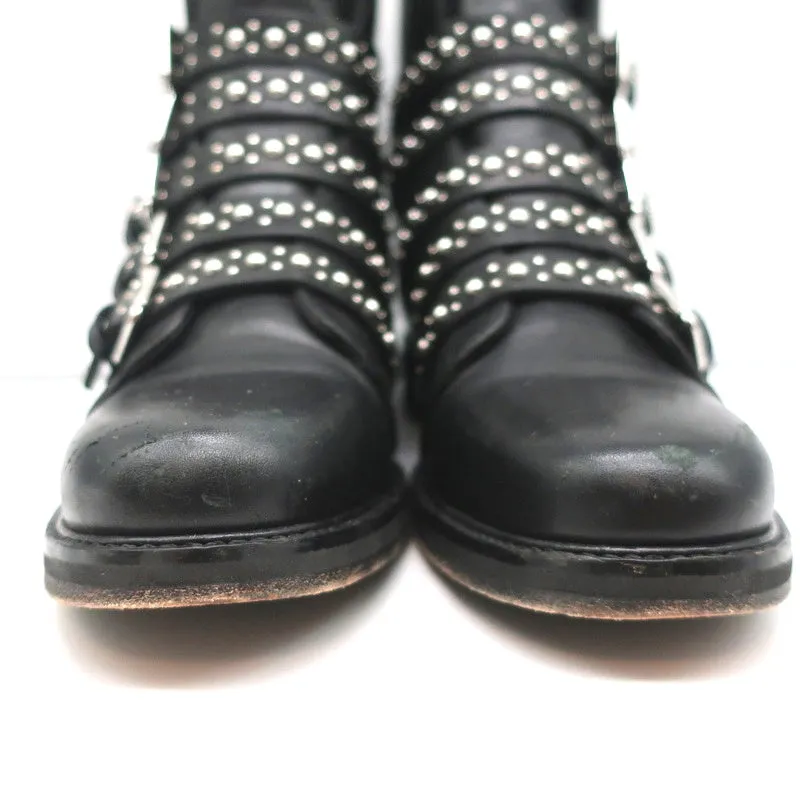 Maje Buckled Ankle Boots Black Studded Leather Size 37 Biker Boots