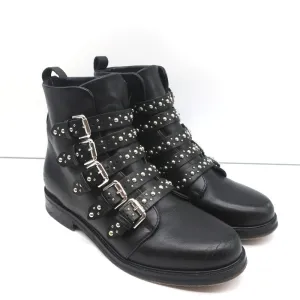 Maje Buckled Ankle Boots Black Studded Leather Size 37 Biker Boots
