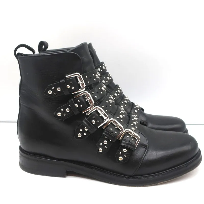 Maje Buckled Ankle Boots Black Studded Leather Size 37 Biker Boots