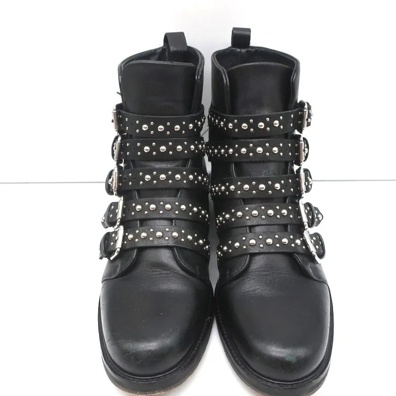 Maje Buckled Ankle Boots Black Studded Leather Size 37 Biker Boots