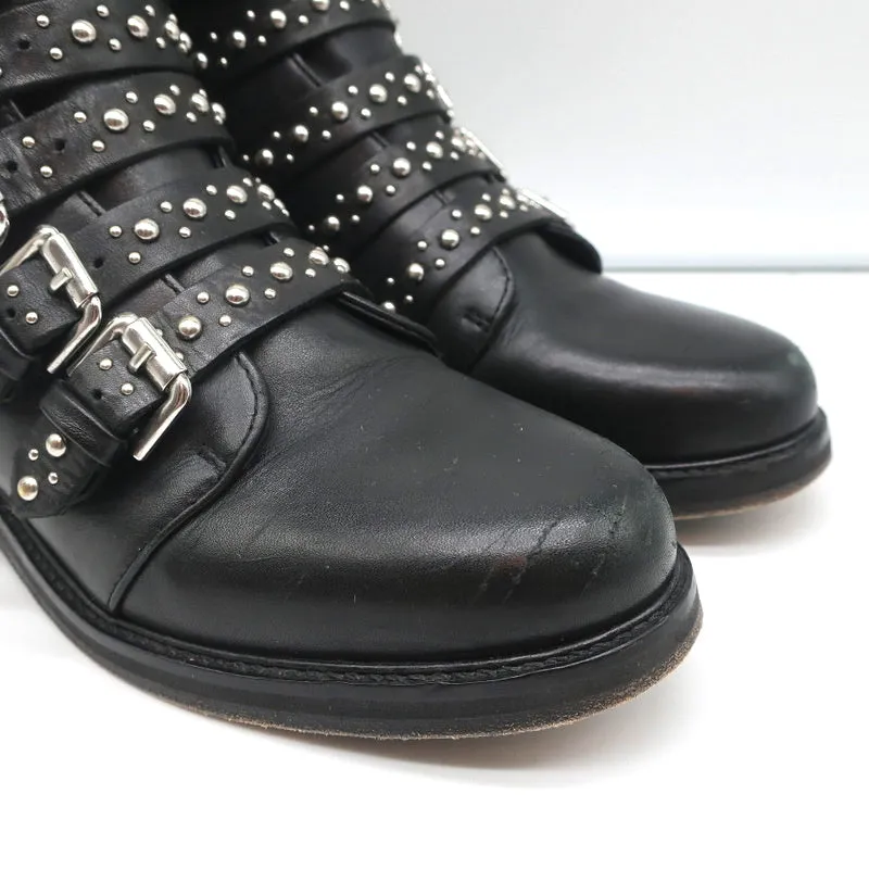 Maje Buckled Ankle Boots Black Studded Leather Size 37 Biker Boots