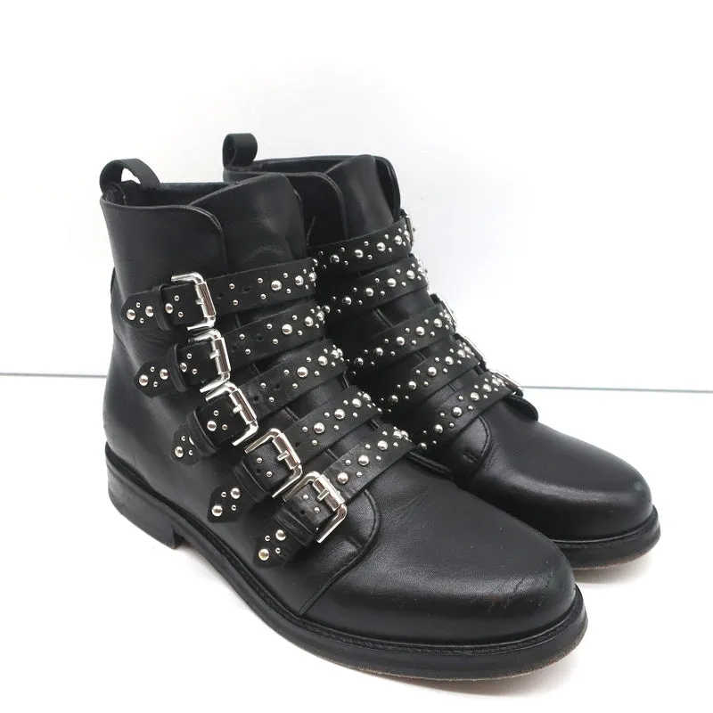 Maje Buckled Ankle Boots Black Studded Leather Size 37 Biker Boots