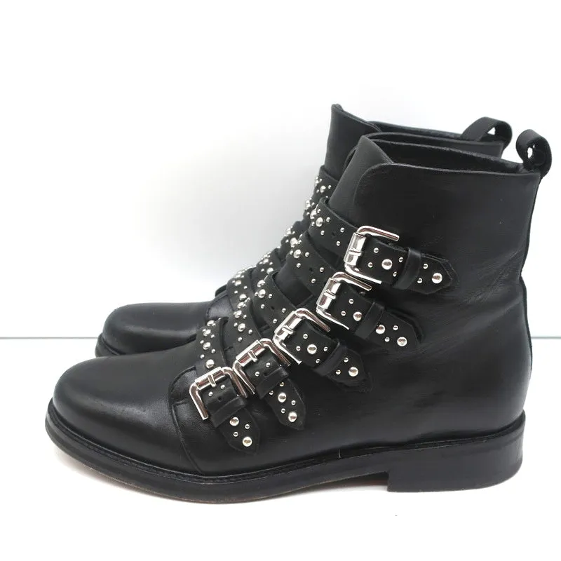 Maje Buckled Ankle Boots Black Studded Leather Size 37 Biker Boots