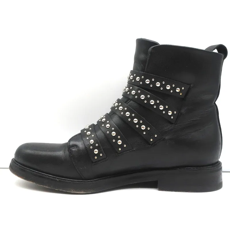 Maje Buckled Ankle Boots Black Studded Leather Size 37 Biker Boots