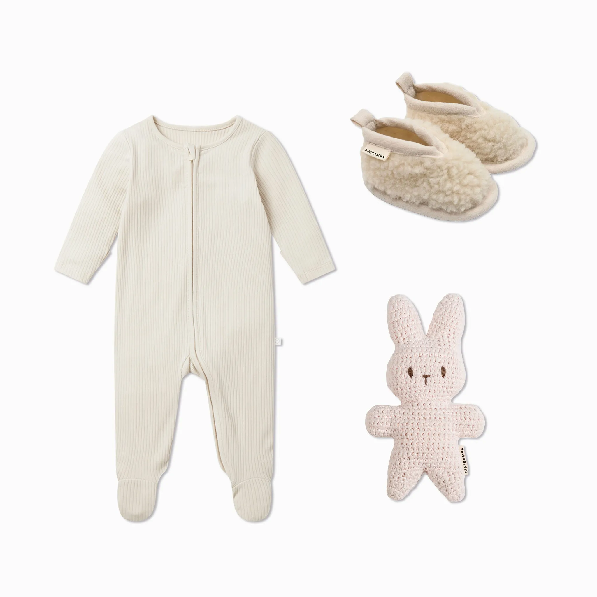 MORI x BINIBAMBA Sleepsuit, Booties & Crochet Toy Gift Set