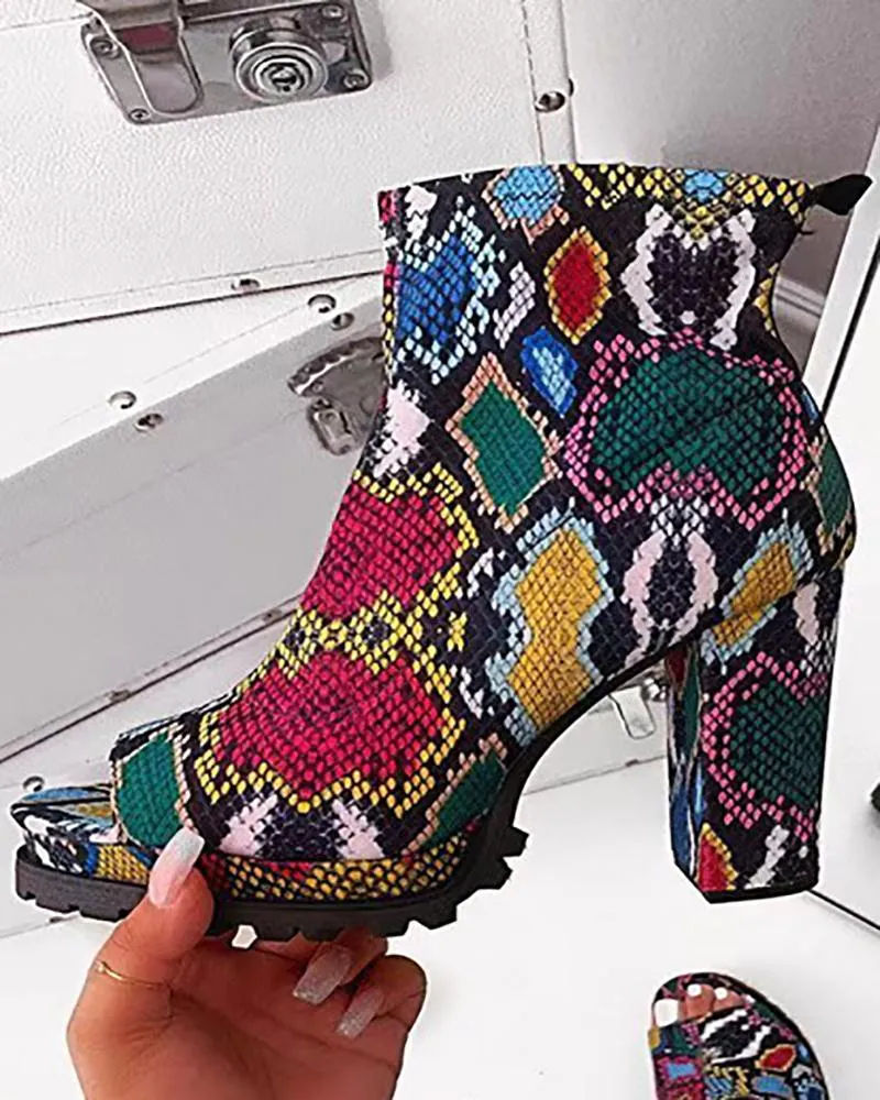 Peep Toe Snakeskin Print Chunky Boots