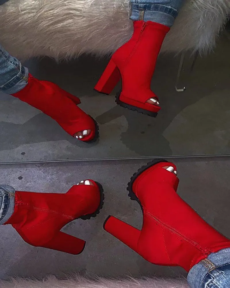 Peep Toe Snakeskin Print Chunky Boots
