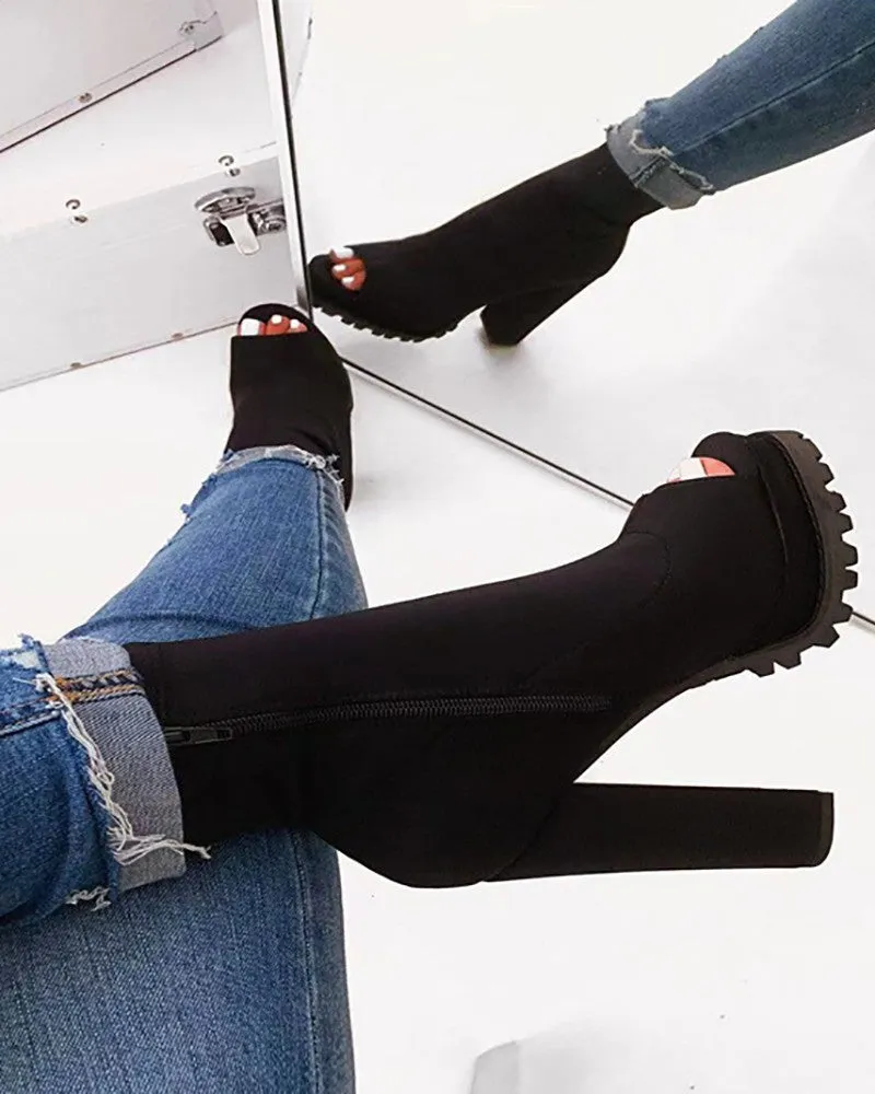 Peep Toe Snakeskin Print Chunky Boots
