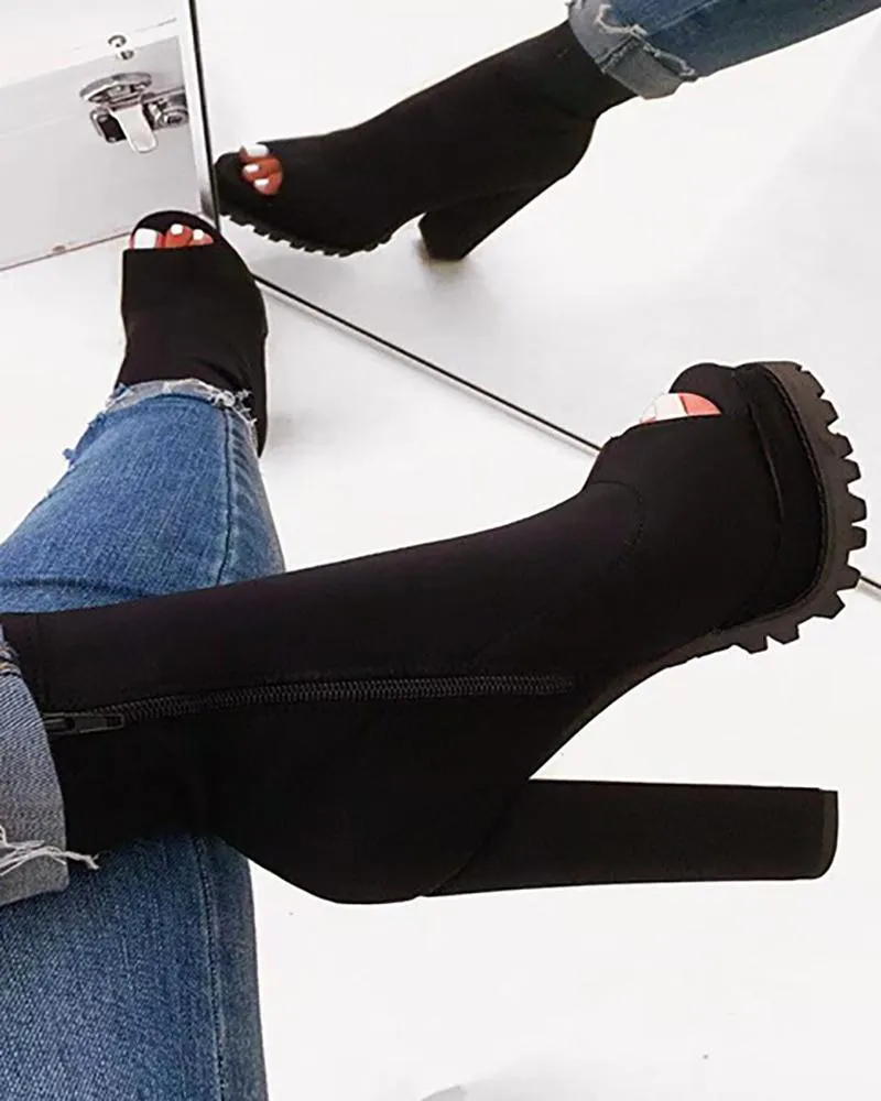 Peep Toe Snakeskin Print Chunky Boots