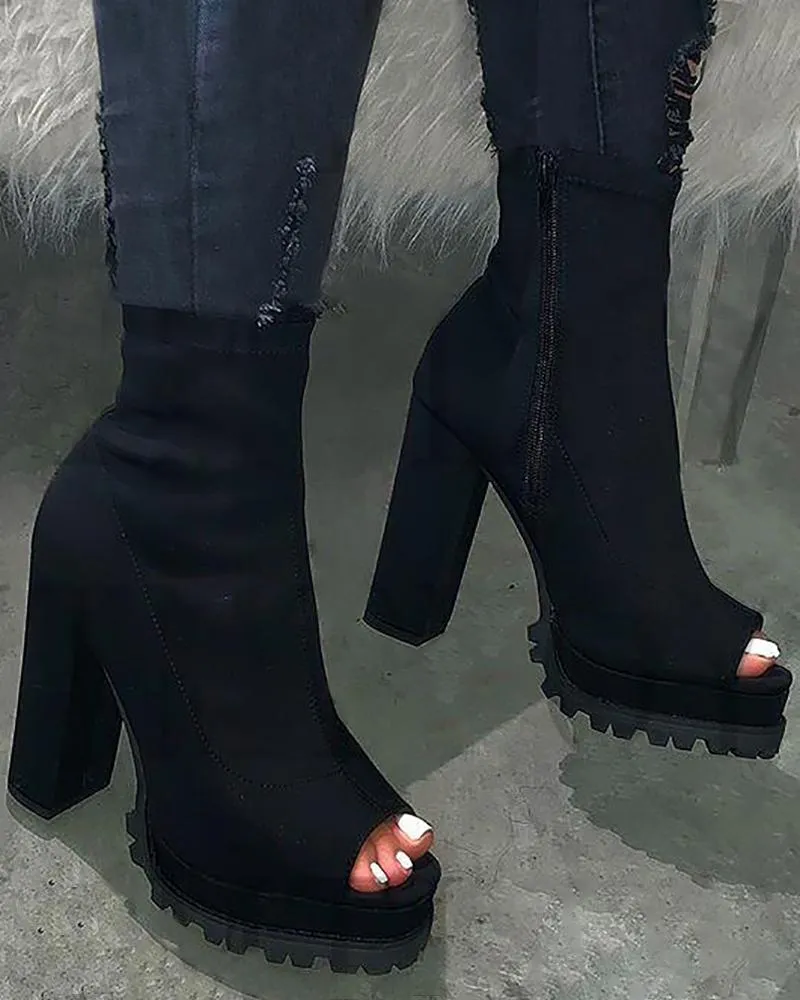 Peep Toe Snakeskin Print Chunky Boots