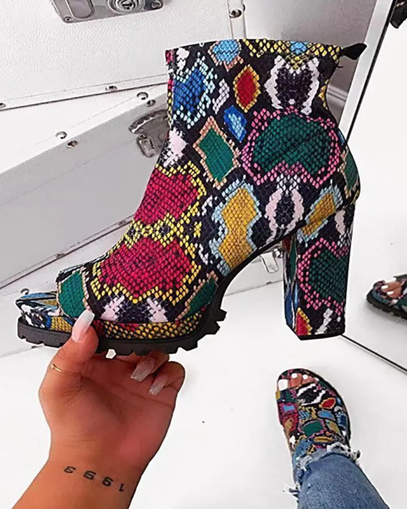 Peep Toe Snakeskin Print Chunky Boots